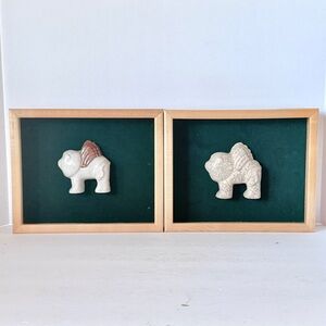 Set of 2 Vintage Maple Wood Framed Winged Lion Ceramic Figurines Green Velvet